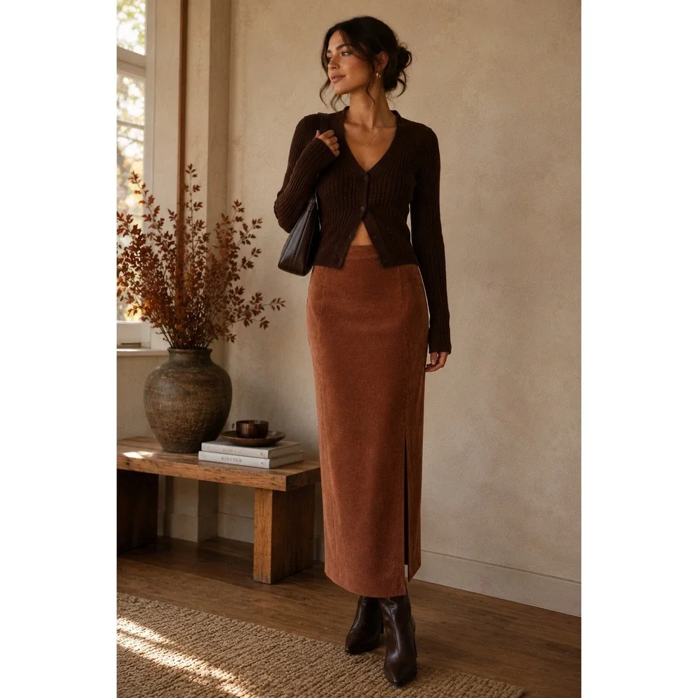 Vintage Y2K Brown Column Maxi Skirt 6 Side Slit Minimalist Fallcore Office Siren